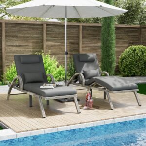 MEISSALIVVE Outdoor Lounge Chairs Set of 2, Pool Lounge Chairs with Adjustable 5 Position Backrest & Leg Support, PE Rattan Chaise Lounge Patio Chairs for Backyard Porch Deck (Grey)