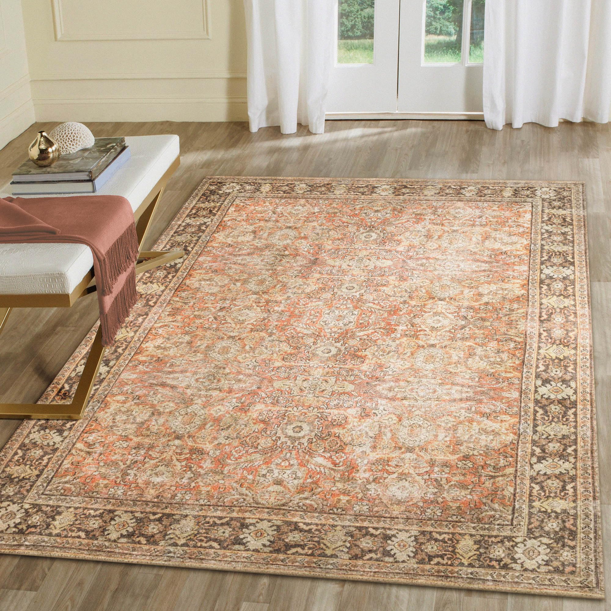 Liora Manne Inspirations Indoor Printed Polyester Low Profile Area Rug - Traditional Border Casual Floral Oriental (Sarouk Blush) (5' x 7'6")