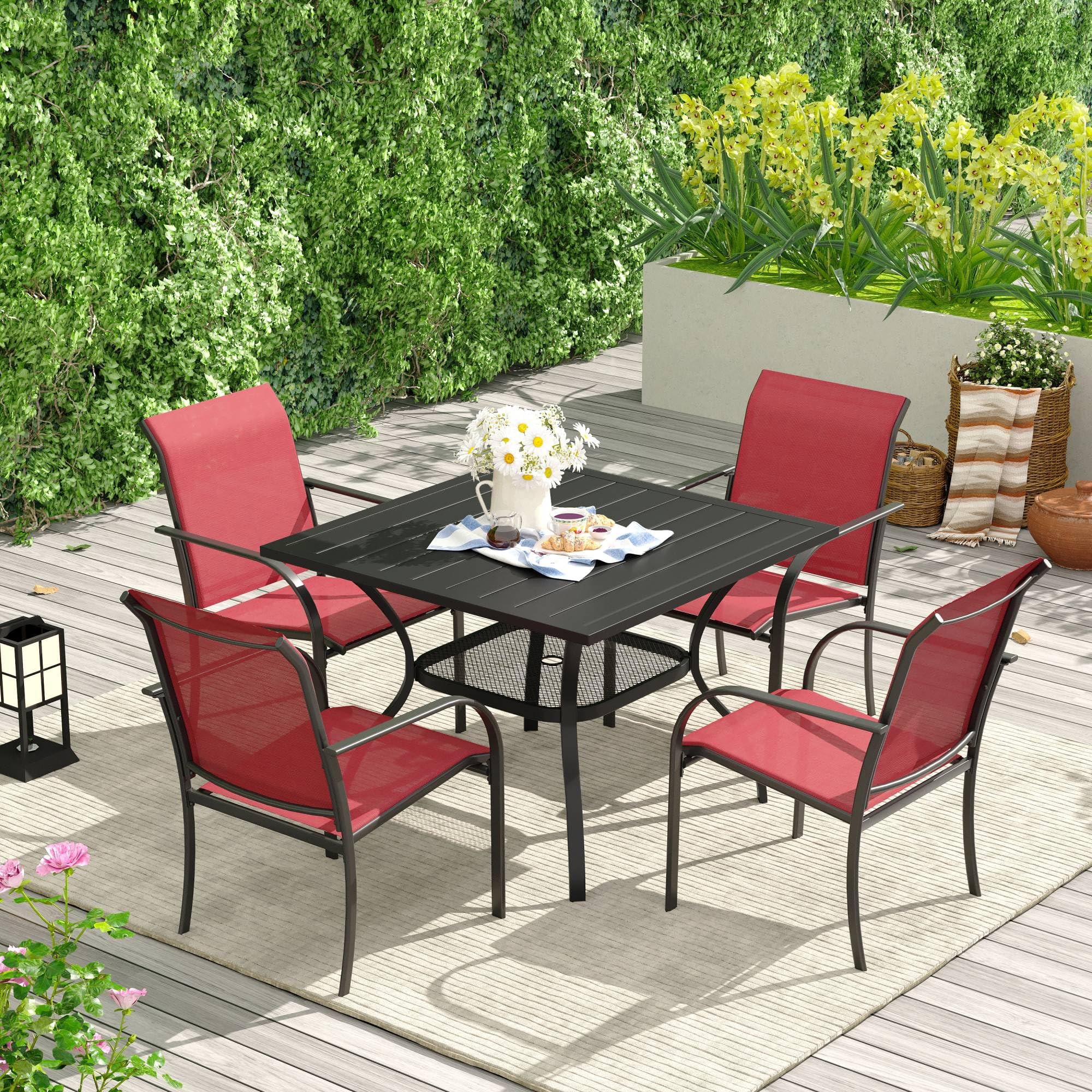 VICLLAX Patio Dining Chairs Set of 2, Stackable Outdoor Chairs Set with Armrests for Poolside, Backyard, Garden, Deck, Porch, Red