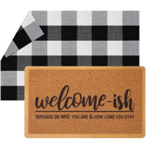 2pcs welcome-ish welcome mat welcome-ish front door mat black white buffalo plaid check rug layered funny front door mat for indoor outdoor entrance home doormats decor