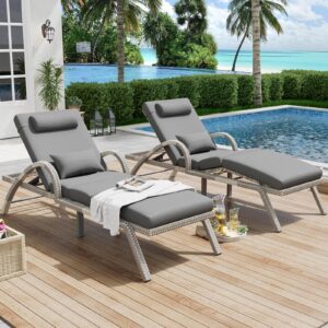 meissalivve outdoor lounge chairs set of 2, pool lounge chairs with adjustable 5 position backrest & leg support, pe rattan chaise lounge patio chairs for backyard porch deck (grey)