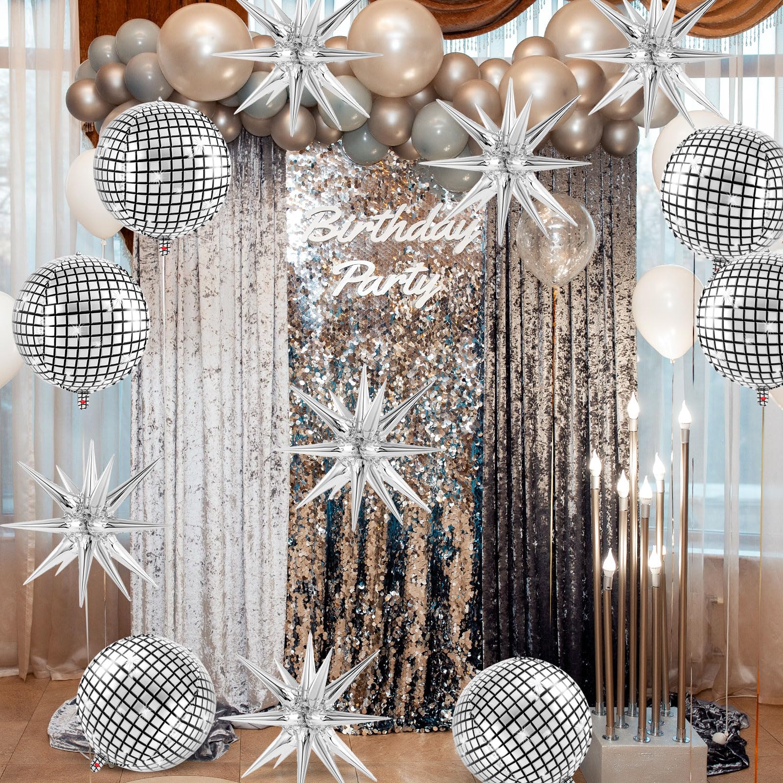 Disco Ball Balloons with Star Balloons, 22 Inch Metallic Disco Silver Foil Balloons for Disco Party Decor Birthday Bachelorette New Year Christmas Party Decorations