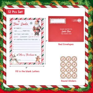 12 Christmas Official Letter To Santa Writing Kit Stationary Paper Sheets with Red Envelopes Address & Seal Stickers Holiday Family Tradition Nice & Naughty Wish List