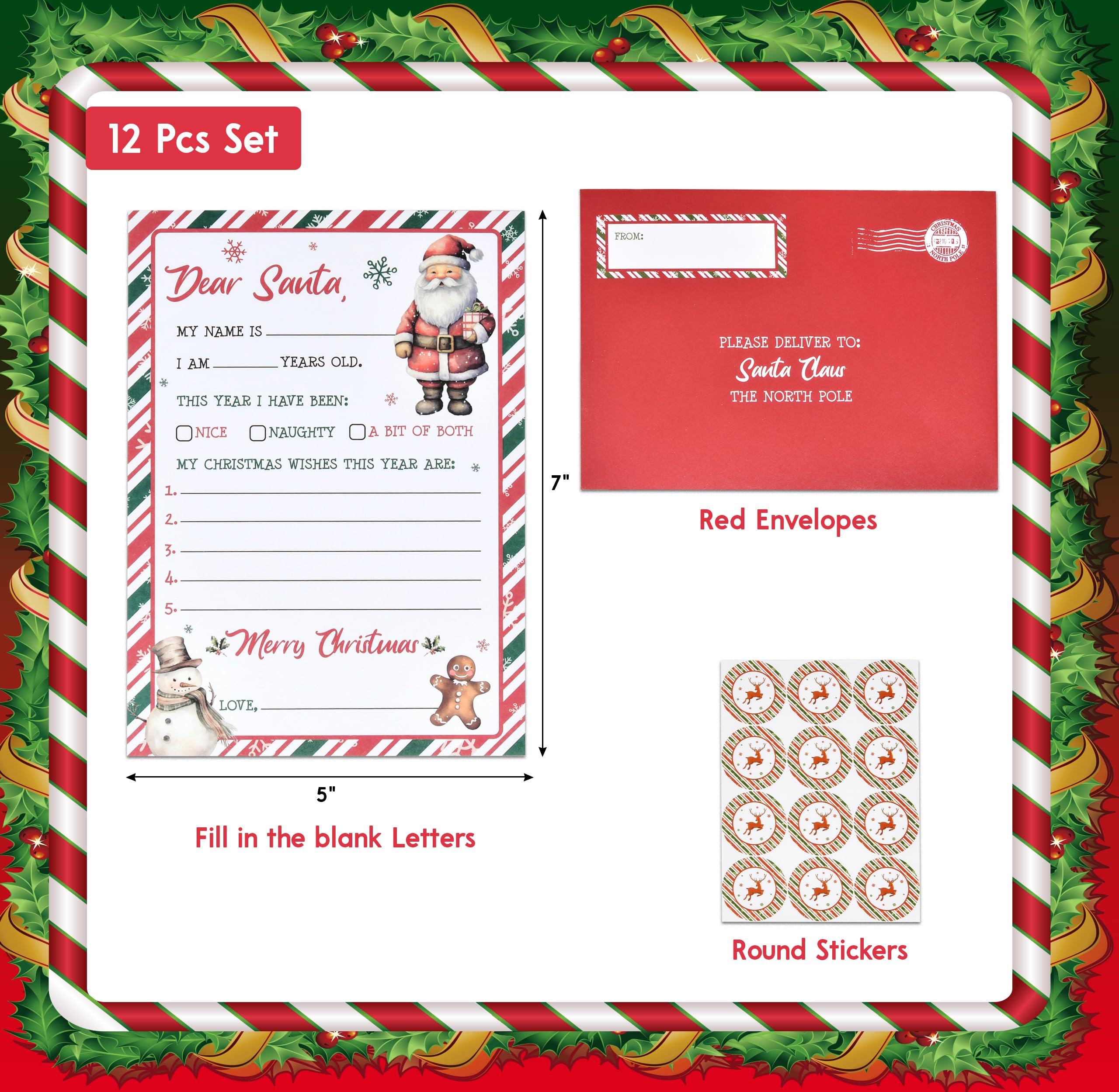 12 Christmas Official Letter To Santa Writing Kit Stationary Paper Sheets with Red Envelopes Address & Seal Stickers Holiday Family Tradition Nice & Naughty Wish List