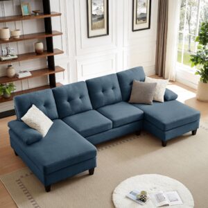 Pingliang Home Sectional Sofa Couch for Living Room, Convertible U Shape Sofas 4 Seat Modular Couches with Double Chaise and Portable Armrest, Modern Polyester Fiber, 111" (Blue)