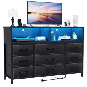 eiskah black dresser for bedroom, 9 drawers led dresser tv stand with power outlets and led lights, long fabric dressers wide chest of drawers with large organizer for living room, entryway, hallway