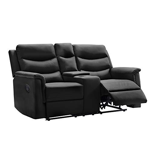 FANYE Faux Leather Upholstered Manual Motion Reclining Loveseat Sofa Couch with Cup Holders and 2 Recliner Chaises,PU Wall Hugger Sofa & Couch for Home Theater Apartment RV Living Room