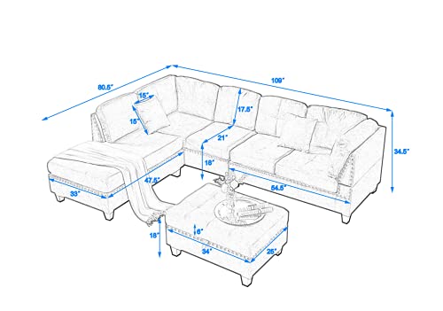 UBGO Living Room Furniture Sets,Modular Sectional Sofa Set,L-Shape Couch Set with Storage Ottoman and Two Small Pillow,Sofas & Couches with Reversible Chaise for Large Space Dorm Apartment-Gray