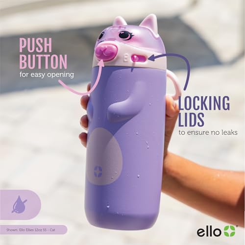 Ello Ellies 12oz Vacuum Insulated Stainless Steel Kids Water Bottle with Straw and Built-in Carrying Handle and Leak-Proof Locking Lid for School Backpack, Lunchbox and Outdoor Sports, Cat