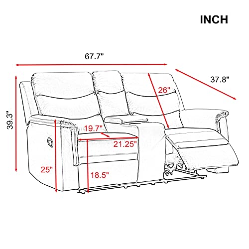 FANYE Faux Leather Upholstered Manual Motion Reclining Loveseat Sofa Couch with Cup Holders and 2 Recliner Chaises,PU Wall Hugger Sofa & Couch for Home Theater Apartment RV Living Room