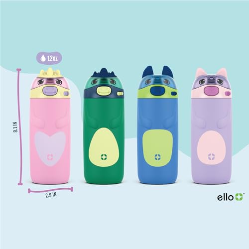 Ello Ellies 12oz Vacuum Insulated Stainless Steel Kids Water Bottle with Straw and Built-in Carrying Handle and Leak-Proof Locking Lid for School Backpack, Lunchbox and Outdoor Sports, Cat