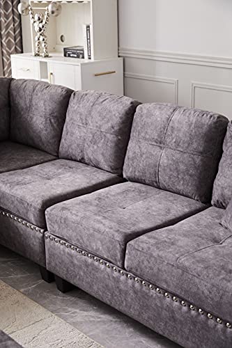 UBGO Living Room Furniture Sets,Modular Sectional Sofa Set,L-Shape Couch Set with Storage Ottoman and Two Small Pillow,Sofas & Couches with Reversible Chaise for Large Space Dorm Apartment-Gray