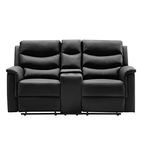 FANYE Faux Leather Upholstered Manual Motion Reclining Loveseat Sofa Couch with Cup Holders and 2 Recliner Chaises,PU Wall Hugger Sofa & Couch for Home Theater Apartment RV Living Room