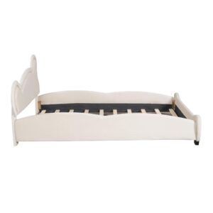 Upholstered Queen Size Bed for Kids,Velvet Queen Platform Bed with Bear-Shaped Headboard & Bed-End Storage Pocket,Wood Slat Support,No Box Spring Needed,Beige