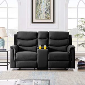 fanye faux leather upholstered manual motion reclining loveseat sofa couch with cup holders and 2 recliner chaises,pu wall hugger sofa & couch for home theater apartment rv living room