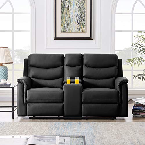 FANYE Faux Leather Upholstered Manual Motion Reclining Loveseat Sofa Couch with Cup Holders and 2 Recliner Chaises,PU Wall Hugger Sofa & Couch for Home Theater Apartment RV Living Room