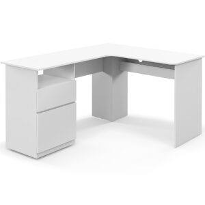 Tangkula L-Shaped Desk with 2 Storage Drawers, 59” Corner Computer Desk with File Drawer & Open Shelf, Computer Workstation with 2 Cable Management Holes, Space-Saving Executive Office Desk (White)