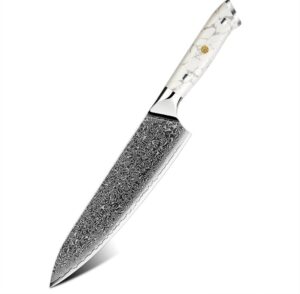 8-inch japanese style chef knife – vg-10 damascus steel blade, ultra-sharp high-carbon core, ergonomic white turquoise resin handle, professional luxury kitchen knife for home chefs, includes gift box