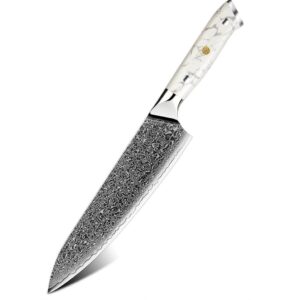 8-Inch Japanese Style Chef Knife – VG-10 Damascus Steel Blade, Ultra-Sharp High-Carbon Core, Ergonomic White Turquoise Resin Handle, Professional Luxury Kitchen Knife for Home Chefs, Includes Gift Box