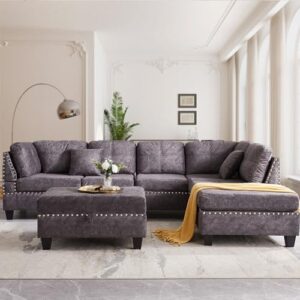 UBGO Living Room Furniture Sets,Modular Sectional Sofa Set,L-Shape Couch Set with Storage Ottoman and Two Small Pillow,Sofas & Couches with Reversible Chaise for Large Space Dorm Apartment-Gray