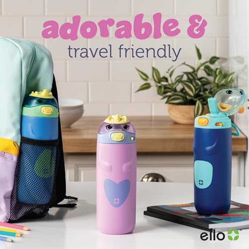 Ello Ellies 12oz Vacuum Insulated Stainless Steel Kids Water Bottle with Straw and Built-in Carrying Handle and Leak-Proof Locking Lid for School Backpack, Lunchbox and Outdoor Sports, Cat