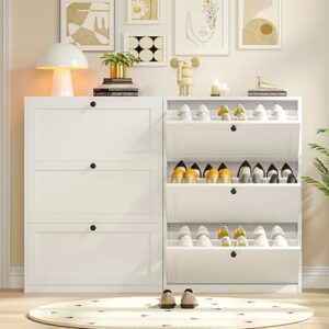 VOWNER Shoe Cabinet with 3 Flip Drawers, Freestanding Shoe Storage Cabinet with Adjustable Shelf & Anti-Tipping Device, Shoe Rack for Entryway, Hallway, Living Room (White)