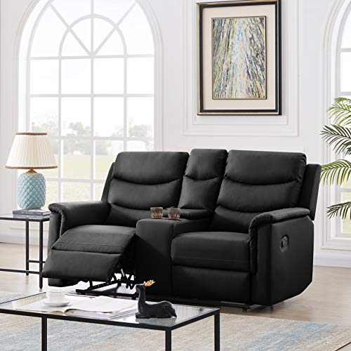 FANYE Faux Leather Upholstered Manual Motion Reclining Loveseat Sofa Couch with Cup Holders and 2 Recliner Chaises,PU Wall Hugger Sofa & Couch for Home Theater Apartment RV Living Room