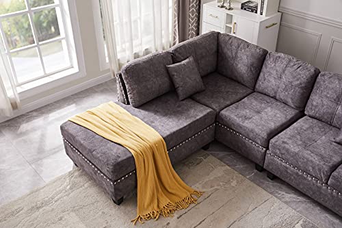 UBGO Living Room Furniture Sets,Modular Sectional Sofa Set,L-Shape Couch Set with Storage Ottoman and Two Small Pillow,Sofas & Couches with Reversible Chaise for Large Space Dorm Apartment-Gray