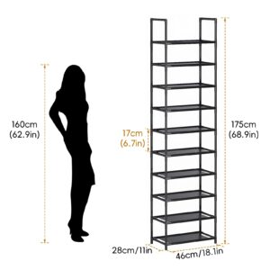 barsone Shoe Rack 10 Tiers, 20-25 Pairs Shoe Organizer Storage Shelf Stand Tower Shoe Rack, Space Saving Shoe Shelves Narrow Free Standing Shoe Rack for Closet Entryway Hallway Apartment Garage