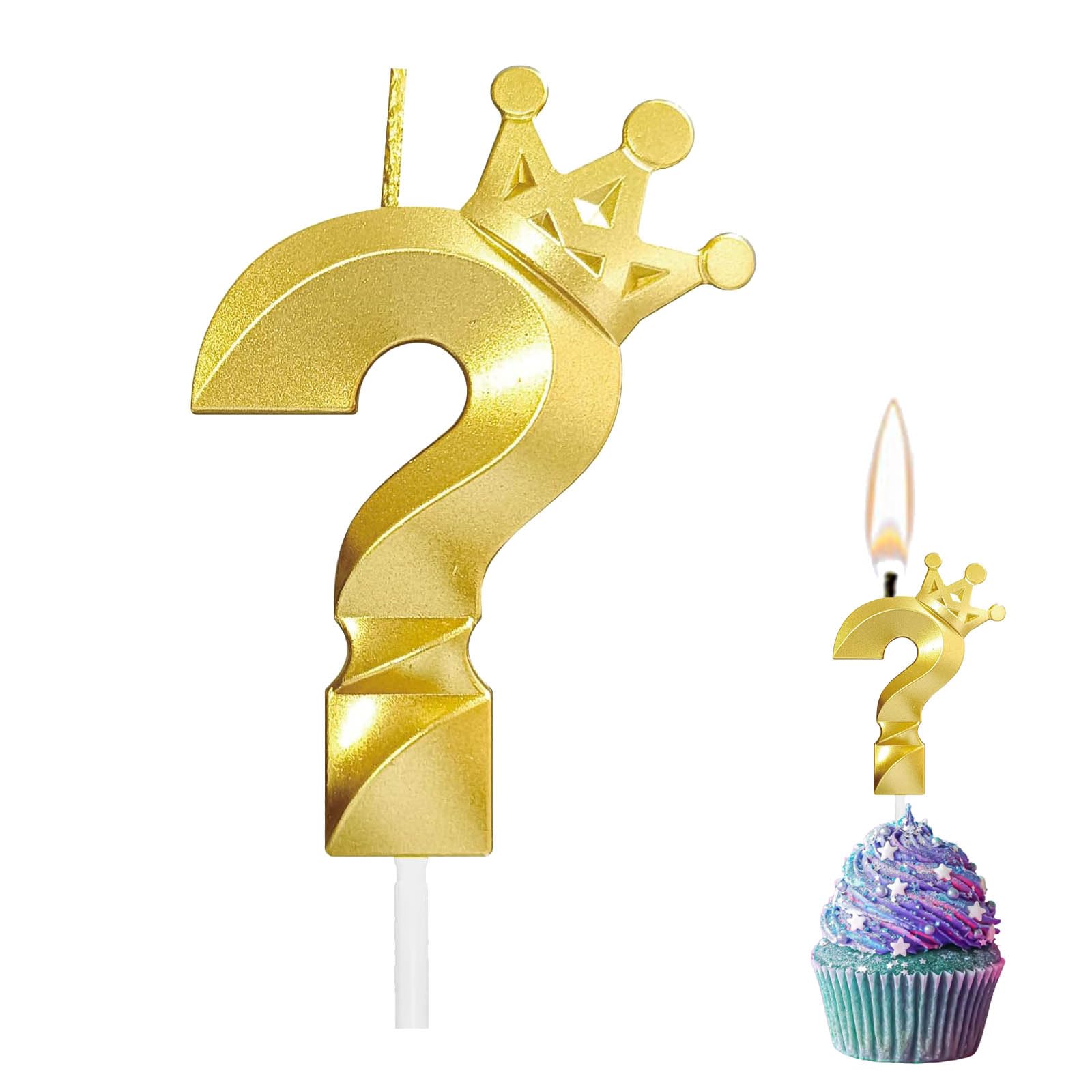 OUDEKE Gold Question Mark Candle Gold Crown Happy Birthday Candle Question Mark Cupcake Cake Topper Decoration Candle for Birthday Cakes Baby Showers Creative Gold ? Candle with Crown