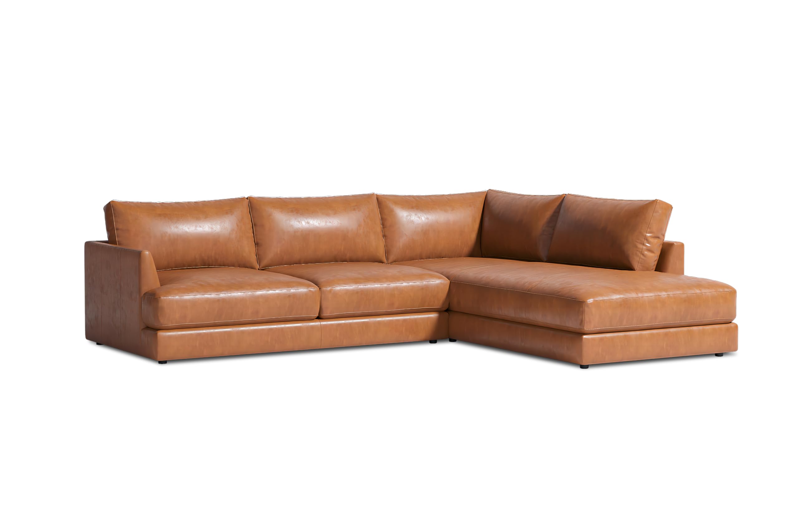 Valencia Serena 108" Cognac Tan Brown Full Leather Sectional Sofa with Right Chaise | Nappa 11000 Leather, Modern Low Profile Lounge Sofa | L Shaped Couch for Living Room Furniture