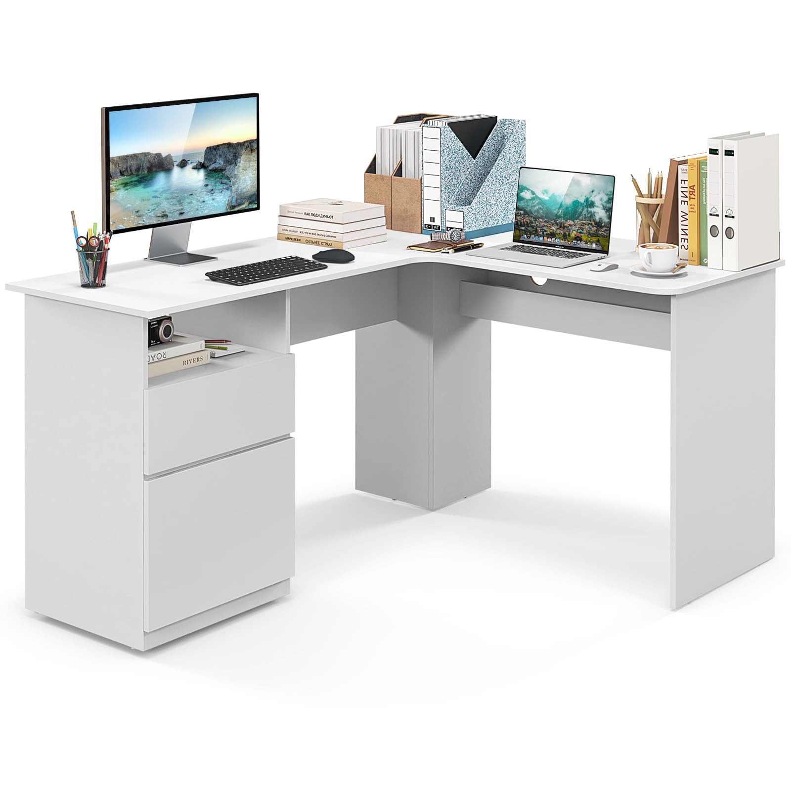 Tangkula L-Shaped Desk with 2 Storage Drawers, 59” Corner Computer Desk with File Drawer & Open Shelf, Computer Workstation with 2 Cable Management Holes, Space-Saving Executive Office Desk (White)