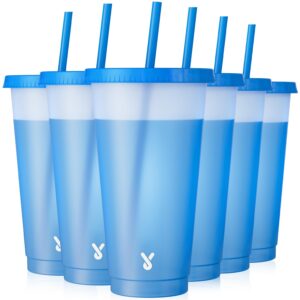 meoky plastic cups with lids and straws - 6 pack 24 oz tumblers bulk for iced coffee, reusable color changing cups for party, car, women, adults, bpa-free (blue)