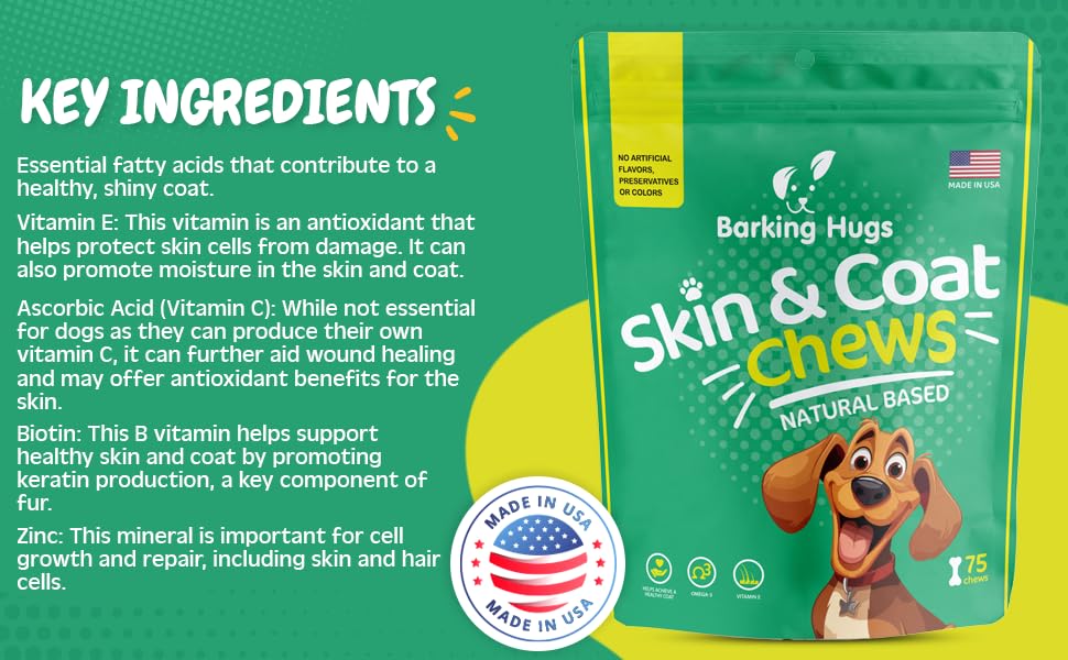 BARKING HUGS Skin & Coat Chews - Omega 3 Fish Oil for Dogs - Natural & Healthy Dog Itch Relief - with Dog Allergy Support - 75 Chews