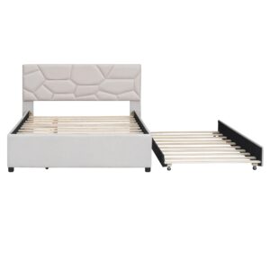 Favfurish Full Upholstered Platform Bed with Brick Pattern Headboard, with Twin Size Trundle,for Bedroom,Living, Guest Room,Apartment, Linen Fabric,Beige