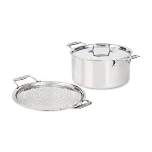 all-clad d5 5-ply brushed stainless steel stockpot with lid and strain & splatter guard, 8-quart, induction, oven & broiler safe up to 600°f, cookware, pots and pans, kitchen essential, silver