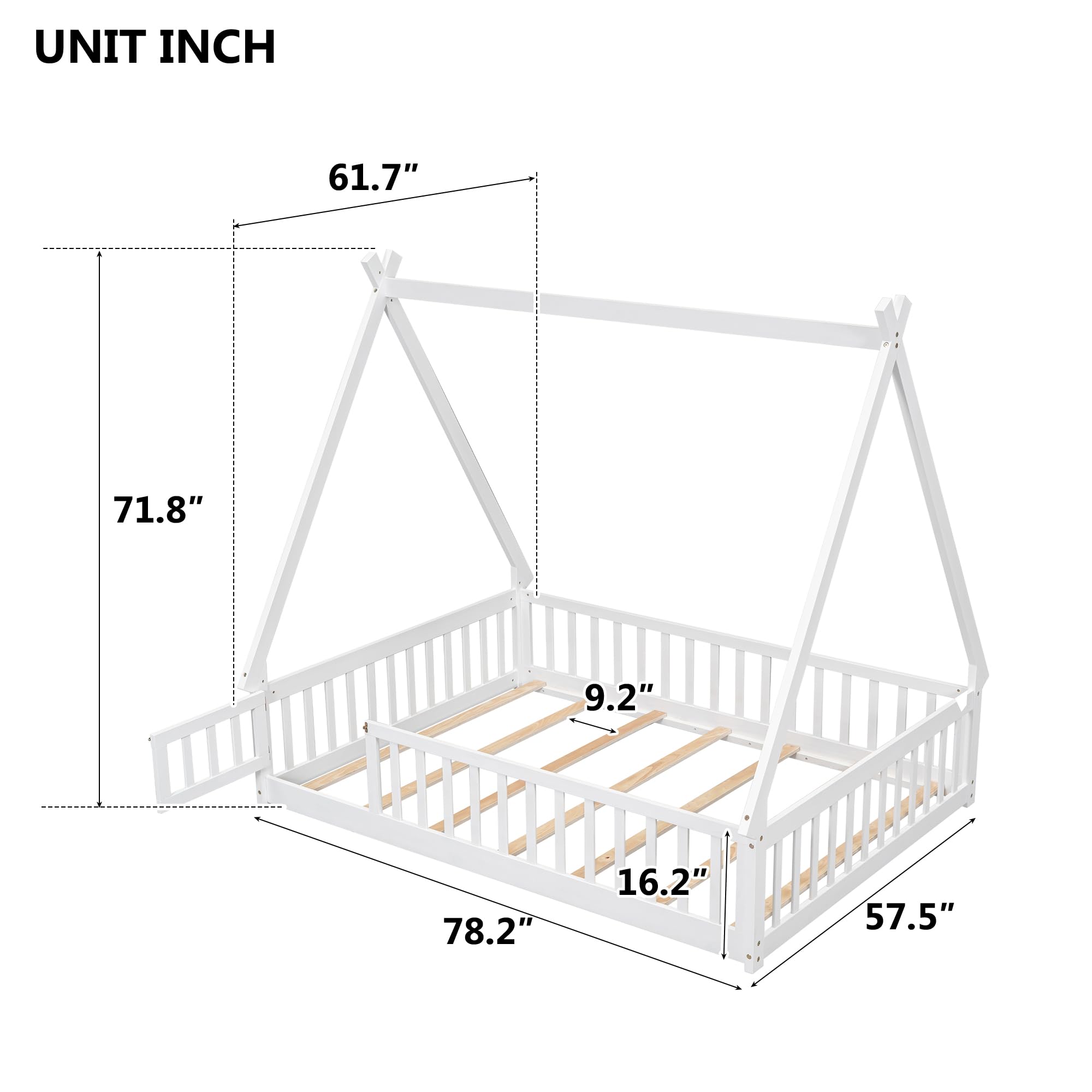 Luxo Abode Full Size Montessori Floor Bed with Tent-Shaped and Guardrails Fence, Pine Wood Bed Frame w/Slats & Door, Easy Assembly, for Toddlers, Children's Room, Playroom, White