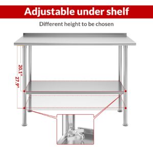 Atelicf Stainless Steel Prep Table for Work, 24 * 48 Inch, High Load Bearing with Undershelf and Backsplash for Outdoor, Restaurants, Hotels, Workshops, Kitchens, Garages and Gardens