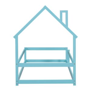 Luxo Abode Twin Size Montessori Floor Bed with Guardrails Fences, Pine Wood Bed Frame w/Chimney House-Shaped Headboard, Easy Assembly, for Toddlers, Children's Room, Playroom, Light Blue