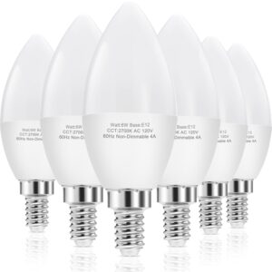 hengbo led e12 led candelabra bulbs, 60w equivalent e12 light bulbs, c37 candle base chandelier light bulbs, non-dimmable, warm white 2700k, pack of 6