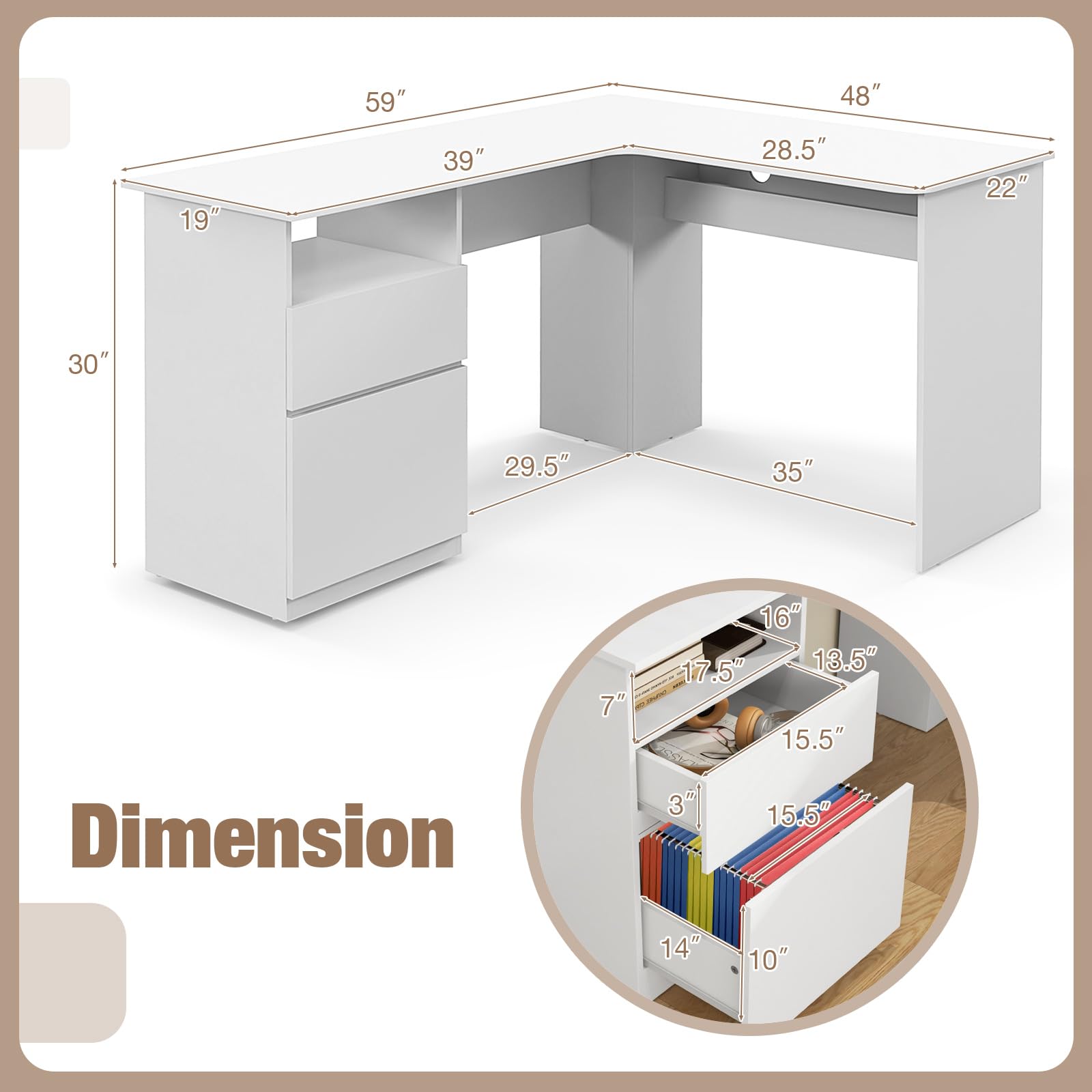 Tangkula L-Shaped Desk with 2 Storage Drawers, 59” Corner Computer Desk with File Drawer & Open Shelf, Computer Workstation with 2 Cable Management Holes, Space-Saving Executive Office Desk (White)