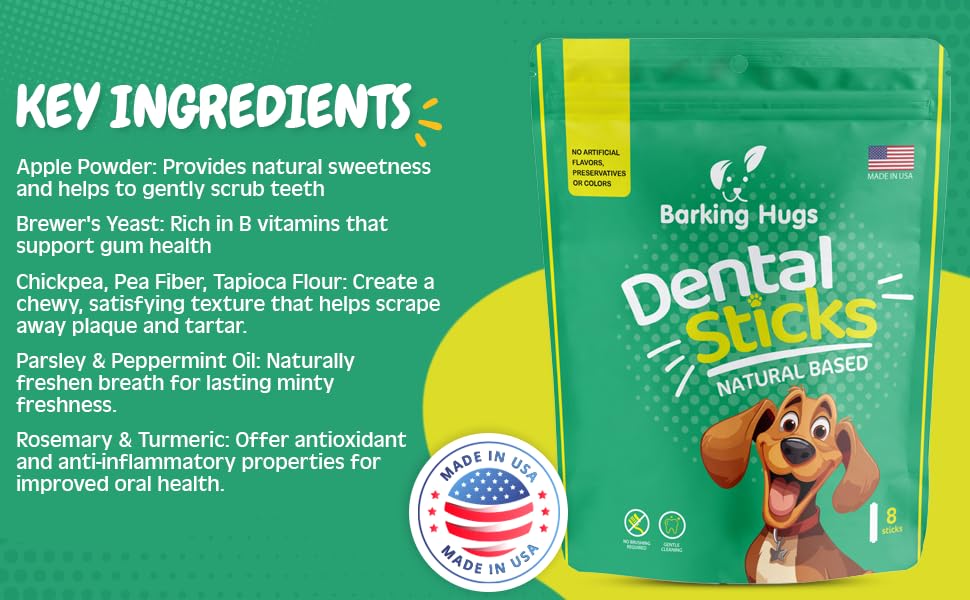 BARKING HUGS Dental Sticks - Natural Dog Dental Treats for Fresh Breath & Clean Teeth, All Natural Dog Breath freshener Dogs, No Grain or fillers, Dental Chews for Dogs with Peppermint Oil