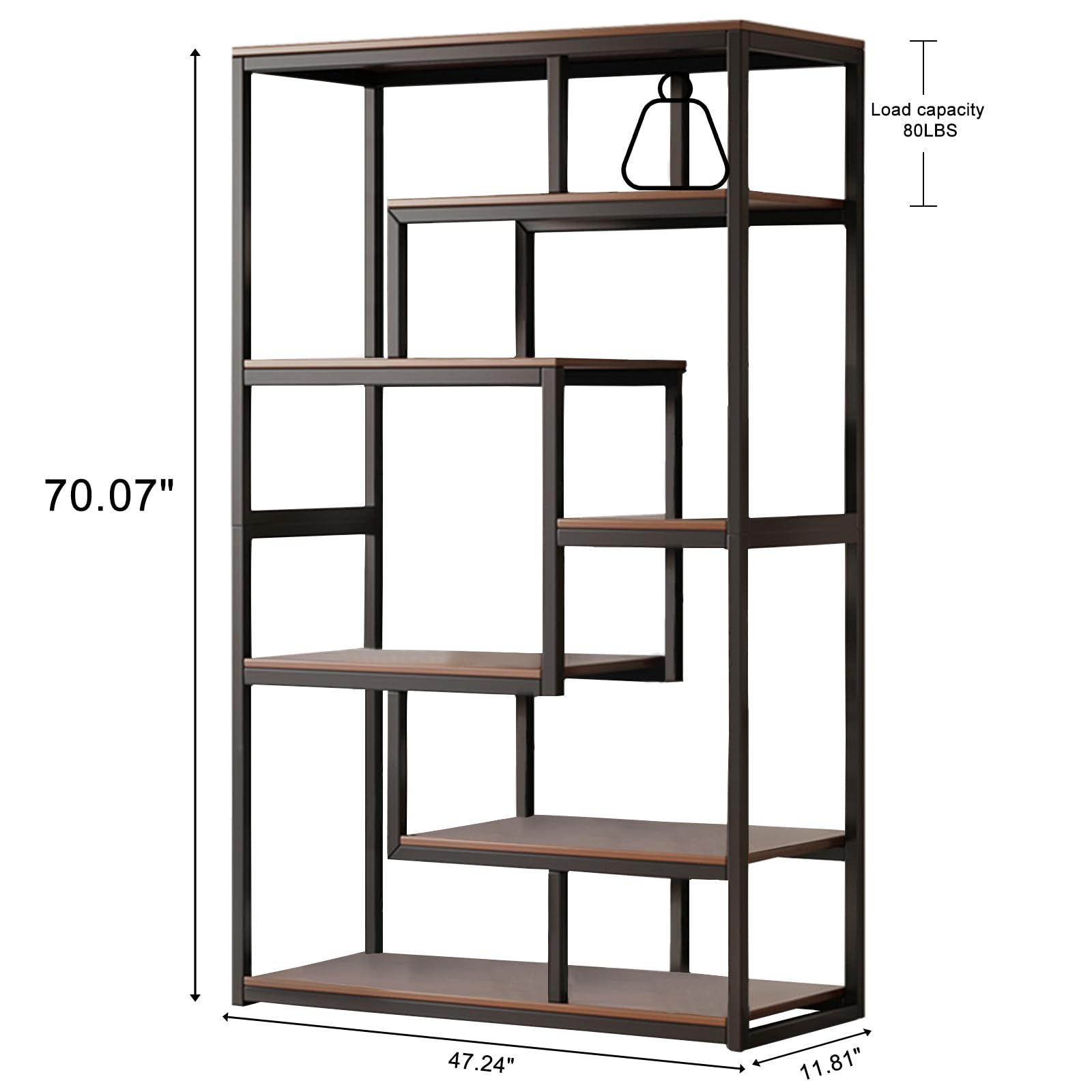 GEBAROW 7 Tier Bookshelf, Modern Bookshelf with Metal Frame, Industrial Bookshelf, Large Open Bookshelf for Bedroom, Living Room and Home Office Vintage Brown