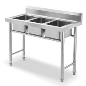 loccdaok 3 compartment utility sink stainless steel commercial kitchen sink free standing triple bowl laundry room outdoor garage sink for restaurant, kitchen, bar, 39" x 20" triple bowl