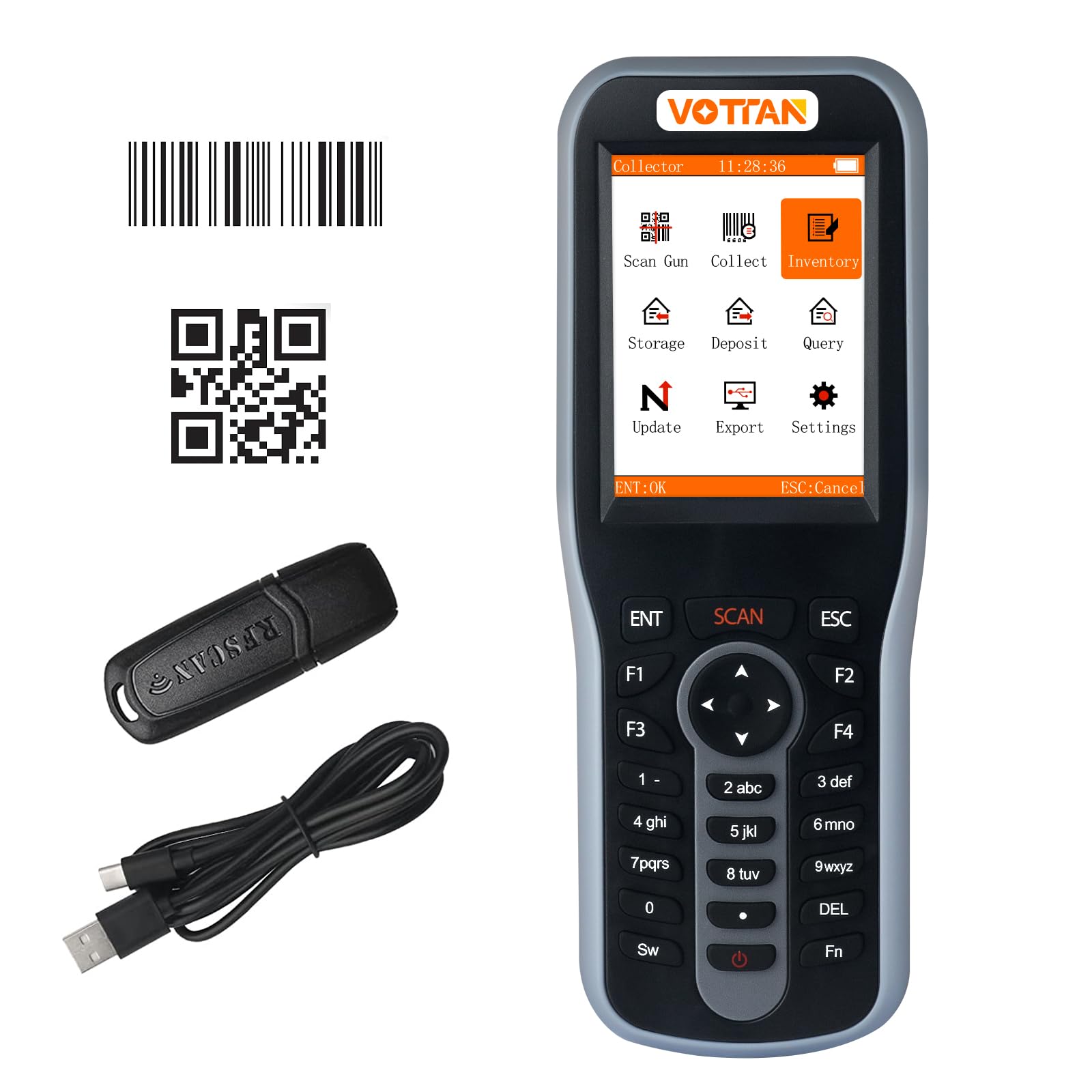 VOTTAN Inventory Scanner with 2.8'' HD Screen and Keybord, 1D 2D QR Code Wireless Barcode Scanner, Stock Datas Collector Scanner for Warehouse E-Business