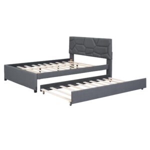 Favfurish Full Size Upholstered Platform Bed with Brick Pattern Headboard and Twin Size Trundle,Bedroom Bed Frame w/Linen Fabric,Wooden Slats Supproted,for Teens Kids,Gray