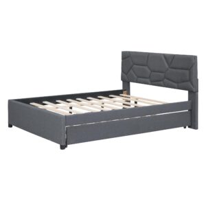 Favfurish Full Size Upholstered Platform Bed with Brick Pattern Headboard and Twin Size Trundle,Bedroom Bed Frame w/Linen Fabric,Wooden Slats Supproted,for Teens Kids,Gray