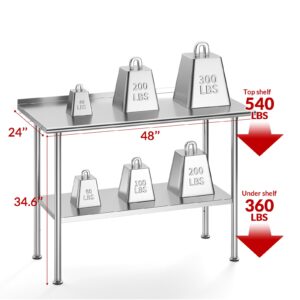 Atelicf Stainless Steel Prep Table for Work, 24 * 48 Inch, High Load Bearing with Undershelf and Backsplash for Outdoor, Restaurants, Hotels, Workshops, Kitchens, Garages and Gardens