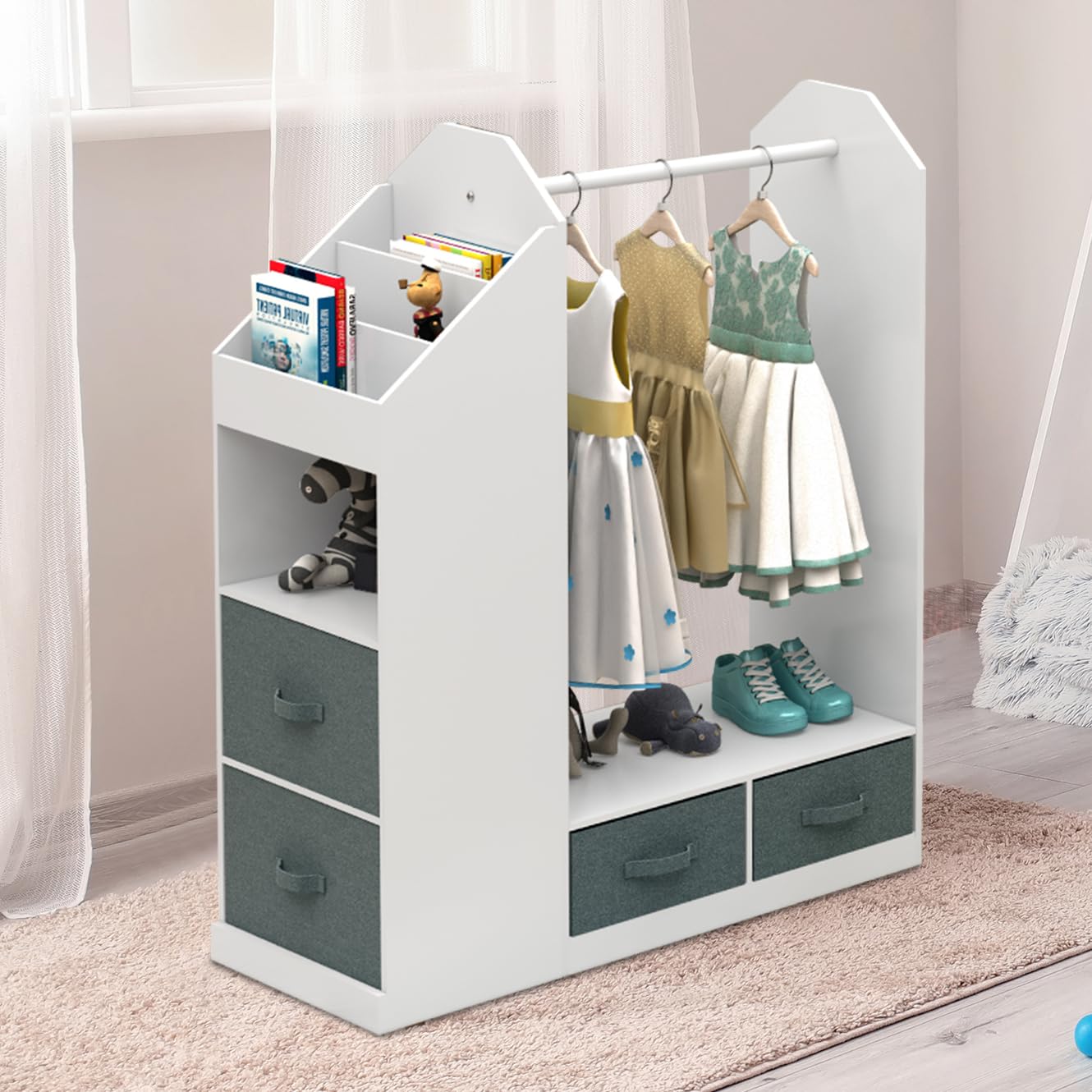 Kids Costume Organizer, Costume Rack, Kids Dress up Storage with Mirror and Storage Bin,Open Hanging Kids Play Armoire Dresser with Mirror,Pretend Storage Closet for Kids,Costume Storage Dresser