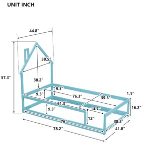 Luxo Abode Twin Size Montessori Floor Bed with Guardrails Fences, Pine Wood Bed Frame w/Chimney House-Shaped Headboard, Easy Assembly, for Toddlers, Children's Room, Playroom, Light Blue